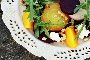 Healthy beet salad featuring beet, salad, and cheese