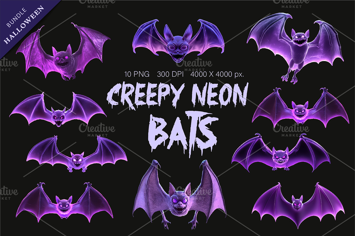 Creepy Neon Bats. Halloween Mascot., an Animal Illustration by KENO Mascots (Photo 1 of 10)