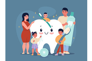 Happy family around large tooth, a Person Illustration by YummyBuum