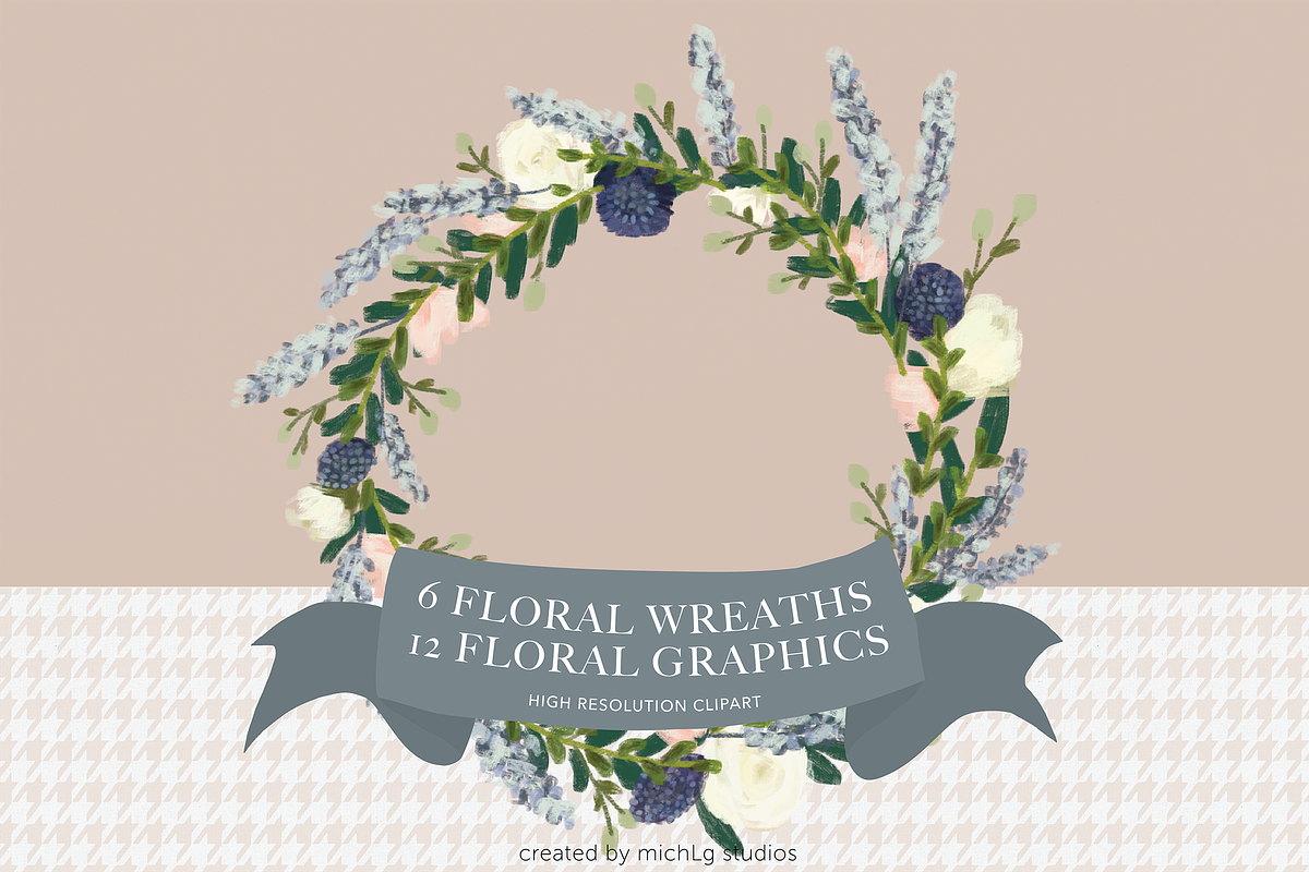 6 Clipart wreaths soft blue florals, an Illustration by michLg designs (Photo 1 of 2)