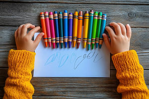 A child's hands, wearing a cozy yellow sweater, grasp colorful crayons over a b, a Person Photo by ImageMir