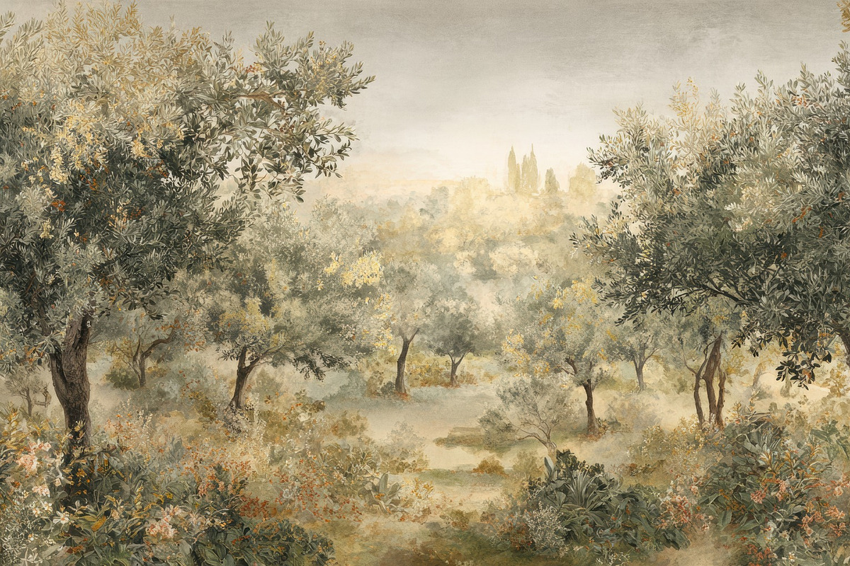 Mediterranean Olive Grove Wallpaper, a Decorative Illustration by Virgo Studio