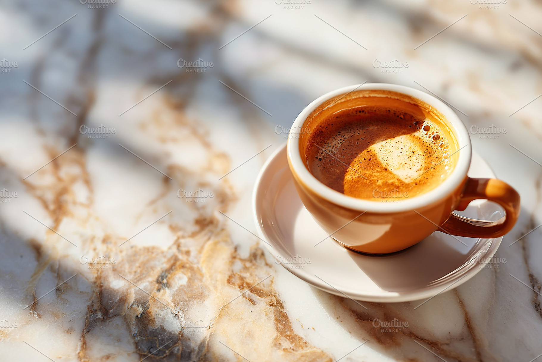 Enjoying morning coffee in a ceramic cup on a marble table, a Food & Drink Photo by AlyaAnd