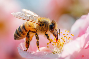 Honeybee feeding on flower pollen in a blooming garden during spring, an Animal Photo by AlyaAnd