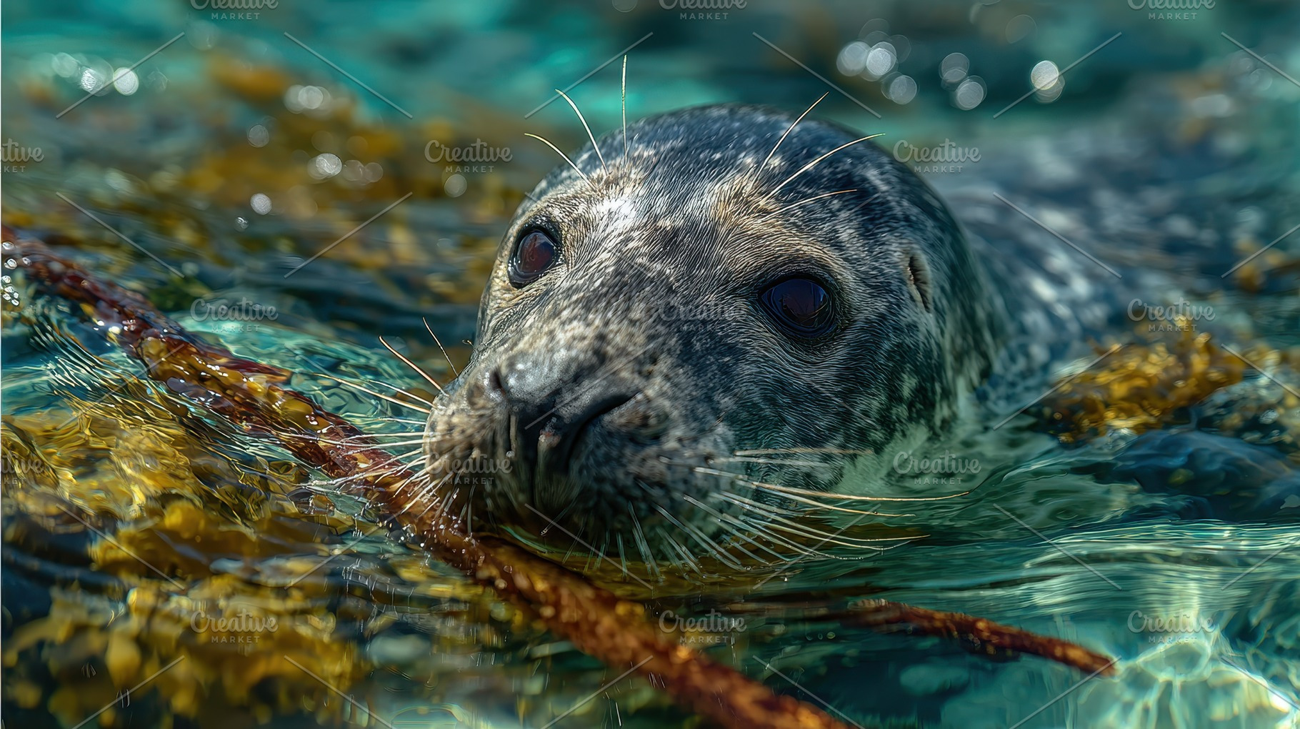 Seal pup swimming in teal water kelp, a Photo by Pixeness Studio