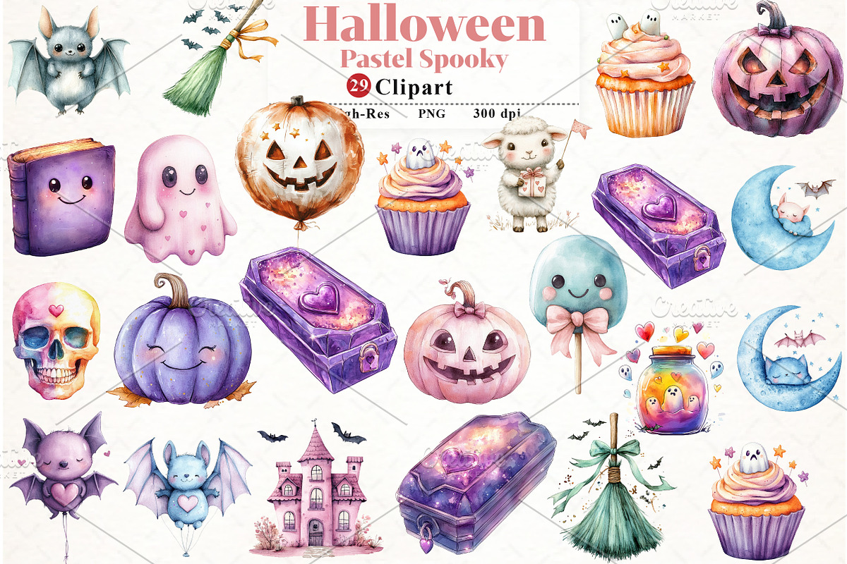 Cute Pastel Spooky Halloween Clipart, an Illustration by Watercolor design (Photo 1 of 4)