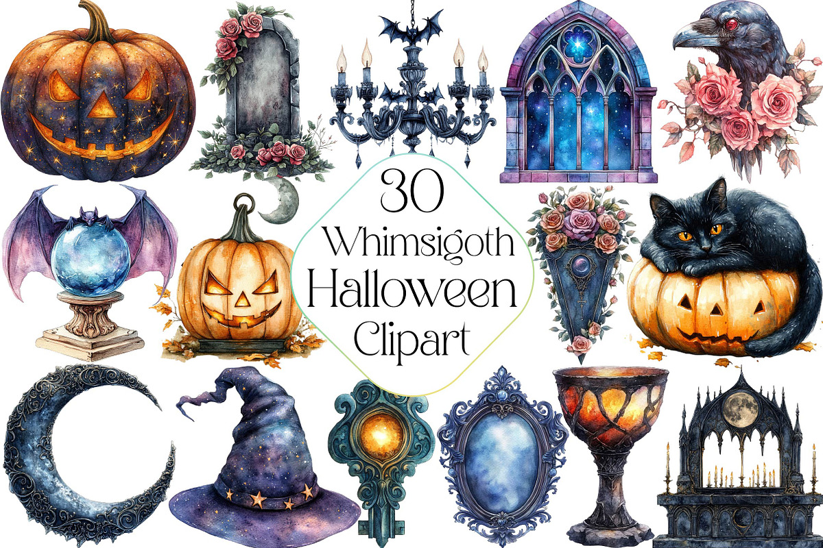 Watercolor Whimsigoth Halloween Clip, an Illustration by DreamPrint404 (Photo 1 of 6)