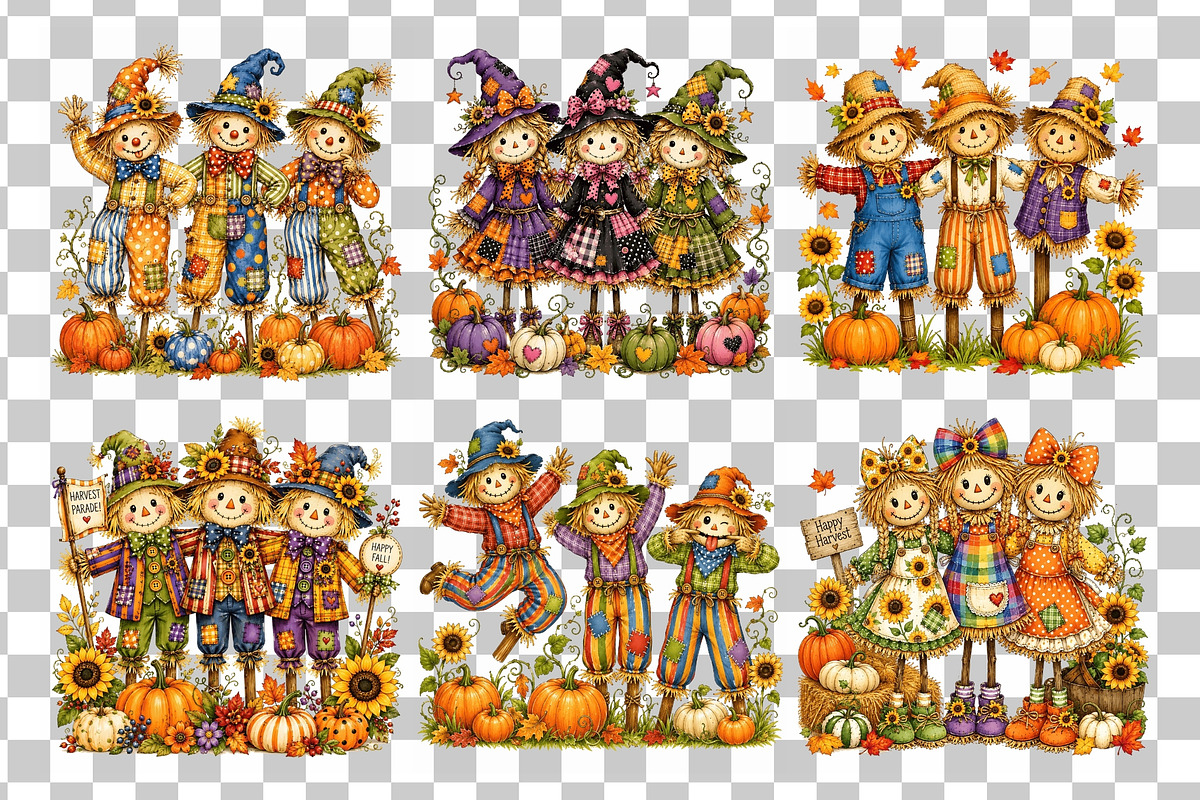 Trio Scarecrow PNG Clipart Bundle, a Seasonal Illustration by Nicolle's Colorful Art (Photo 3 of 8)