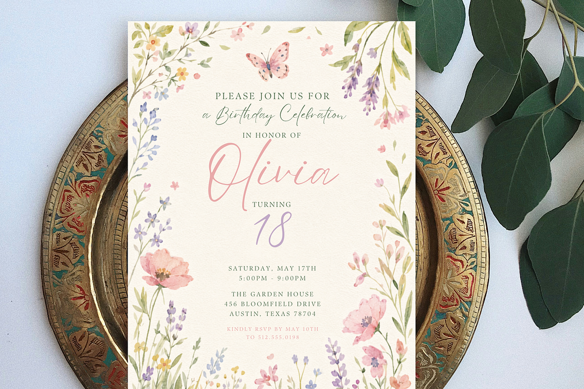 Wildflower Floral Birthday Invite, an Invitation Template by heynomi (Photo 2 of 19)