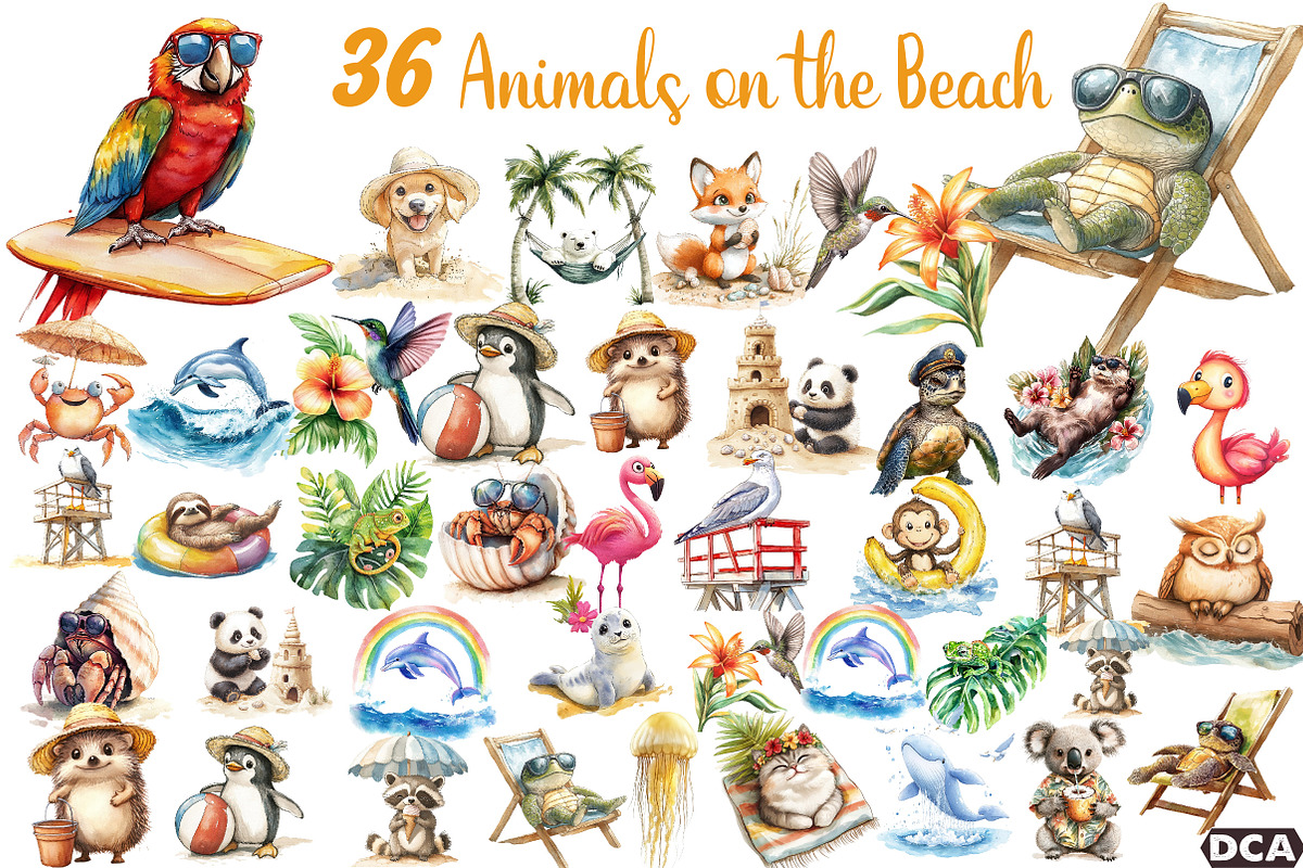 Summer Animals on the Beach Clipart, an Illustration by DreamCafeArt (Photo 1 of 3)