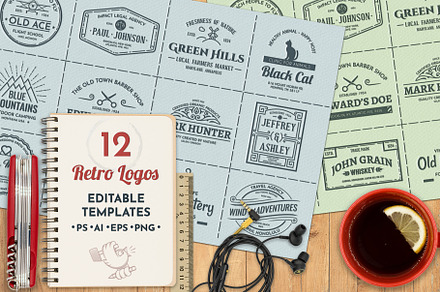 12 vintage template logos set