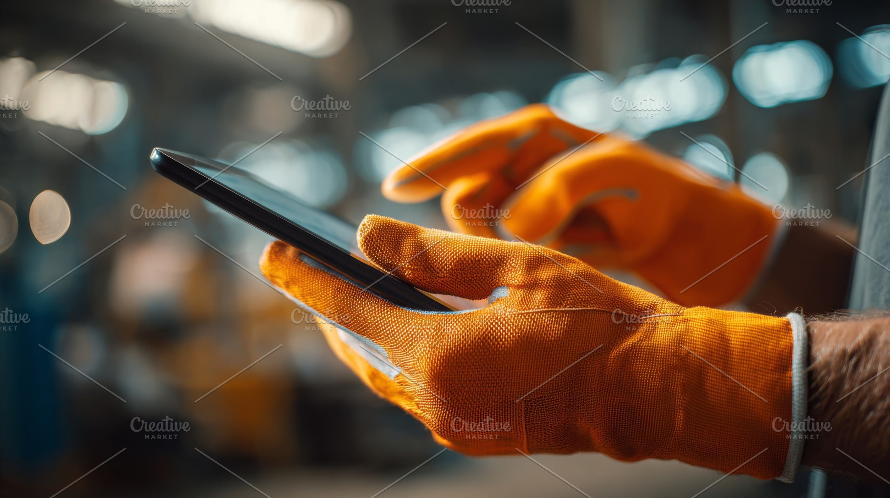 A focused male worker in an orange safety glove uses a tablet in an industrial, a Business Photo by ImageMir