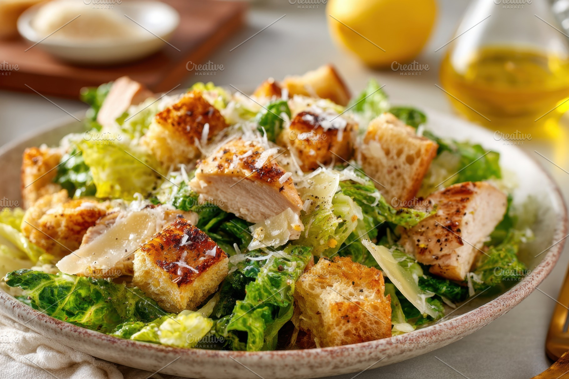 Fresh caesar salad with grilled chicken and croutons, a Food & Drink Photo by AlyaAnd