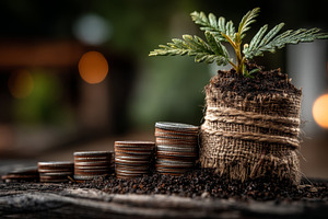 Close up of stacked coins beside a small plant in a burlap pot symbolizing fina, a Photo by AS photostudio