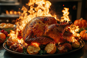 Tasty and garnished roasted turkey in plate on wooden table. Thanksgiving day, a Food & Drink Photo by AlyaAnd