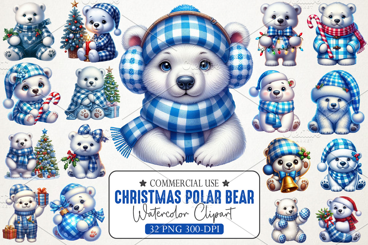 Christmas Polar Bear Blue Gingham, an Illustration by RobertsArt (Photo 1 of 7)