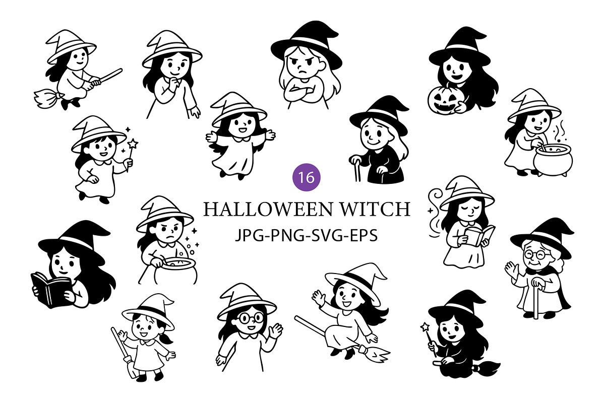 Cute halloween witch clipart set., a Decorative Illustration by kaisorn (Photo 1 of 4)