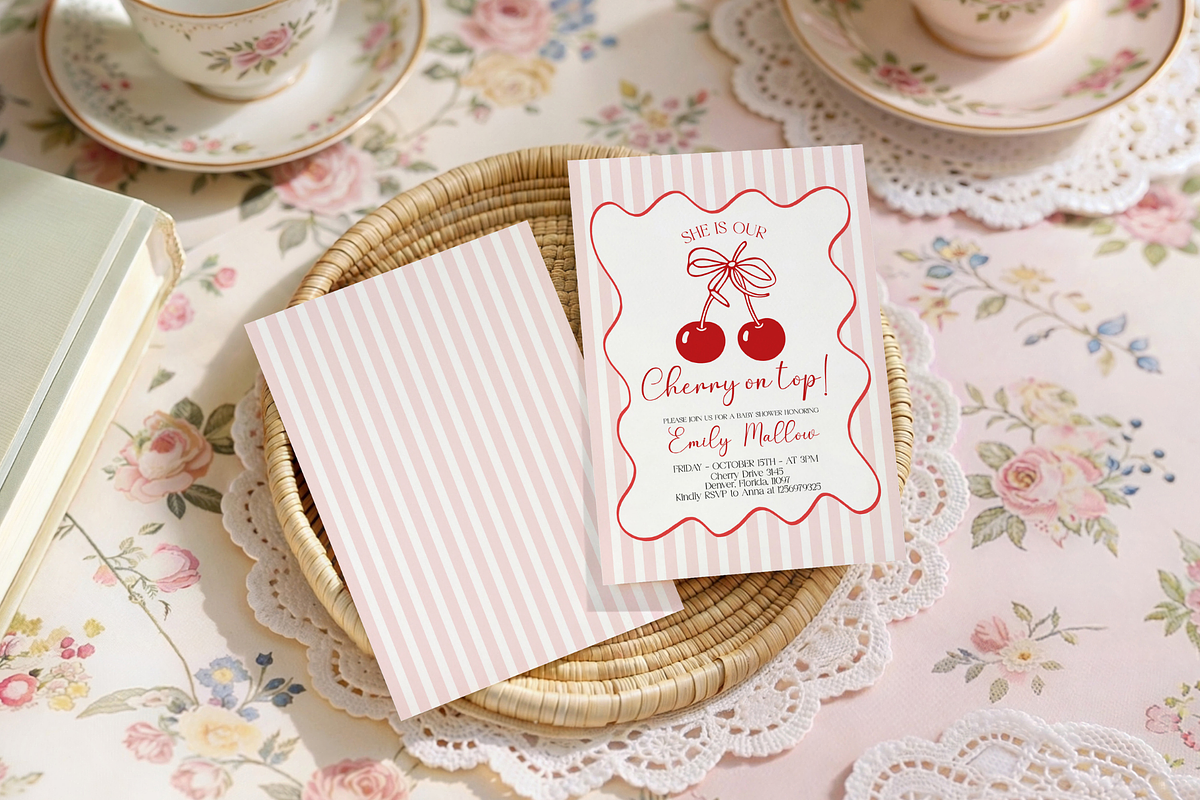 Cherry On Top Baby Shower Invitation, an Invitation Template by VeliusCreativeStudio (Photo 5 of 5)