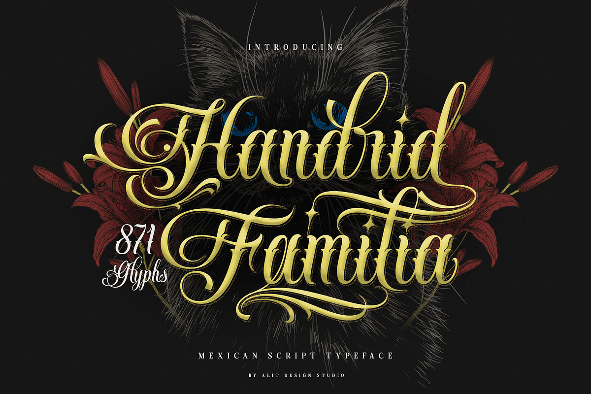 Handrid Familia Typeface, a Script Font by alit design (Photo 1 of 20)