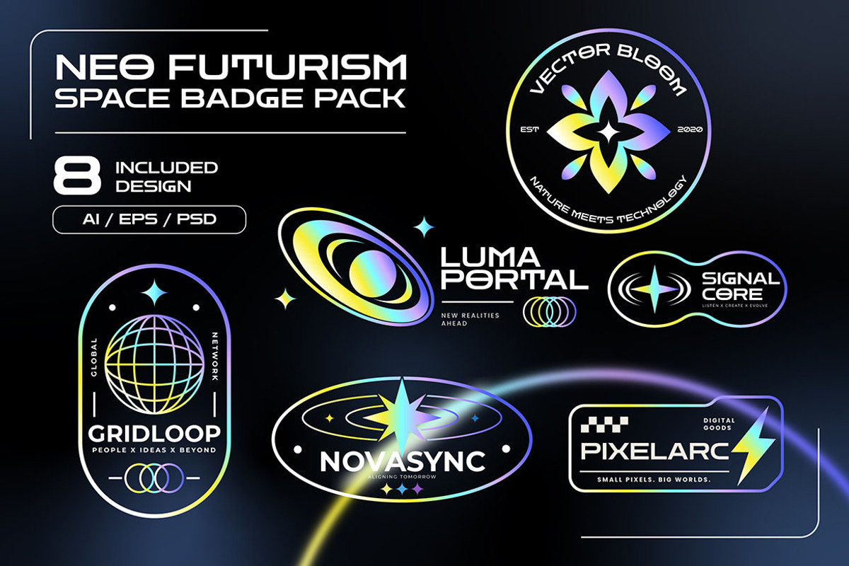 Neo Futurism Space Badge Pack, an Object Illustration by Pitchlook.Studio (Photo 2 of 3)
