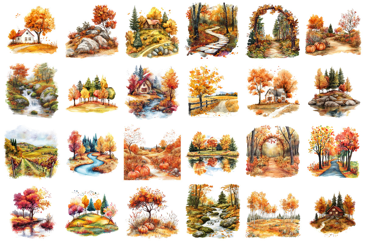 Watercolor Autumn Landscapes, a Seasonal Illustration by designcity5 (Photo 2 of 5)