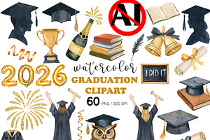 Watercolor Graduation Clipart PNG, an Education Illustration by PatternPalette