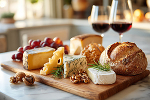 Delicious artisan cheese platter with fresh bread, rosemary, and wine on a wood, a Food & Drink Photo by AlyaAnd