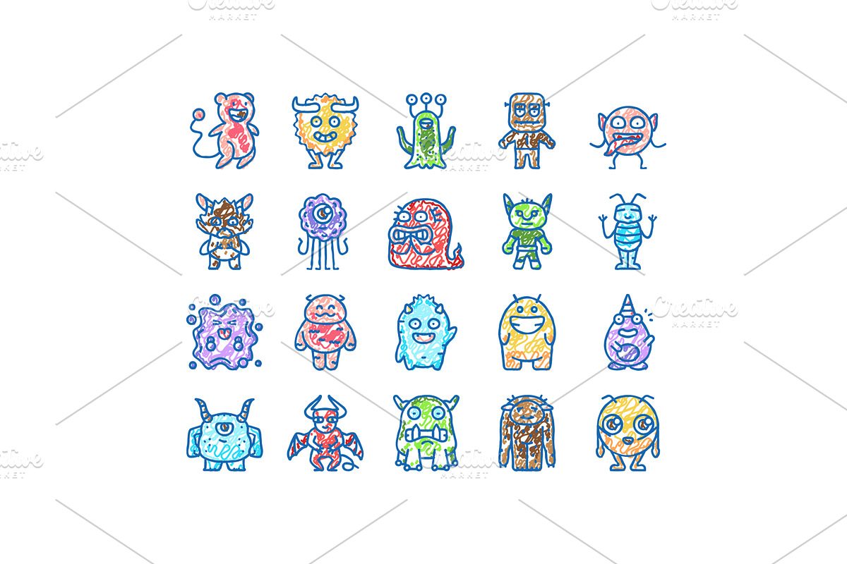 monster funny cute alien icons hand, an Object Illustration by pikepicture