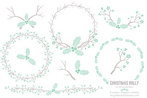 Mint Holly Wreath Clipart & Papers, an Illustration by Amanda Ilkov
