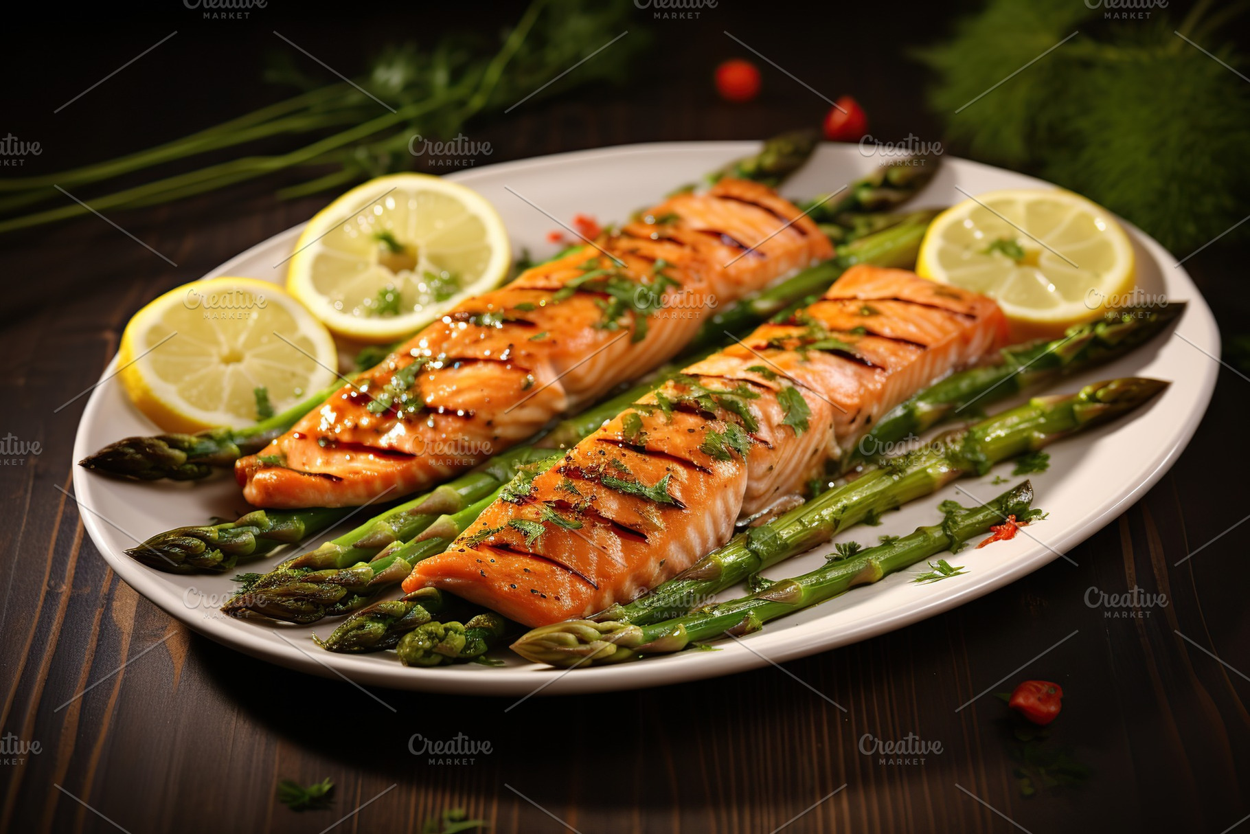 Baked salmon with green asparagus and slices of lemon on wooden background, a Food & Drink Photo by AlyaAnd