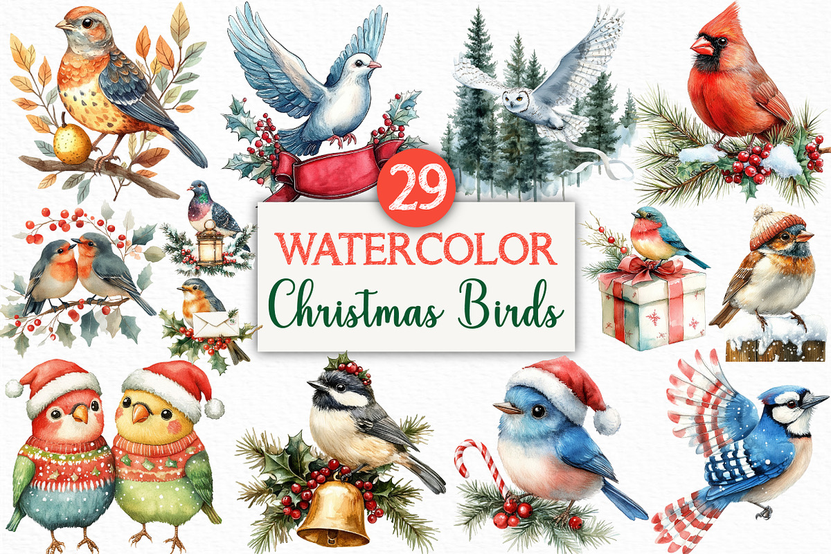 Watercolor Christmas Birds Clipart, an Illustration by Craft Nest (Photo 1 of 6)