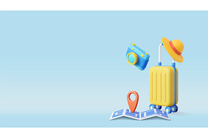 3d Travel Luggage with Map, Camera, a Transportation Illustration by ModVector