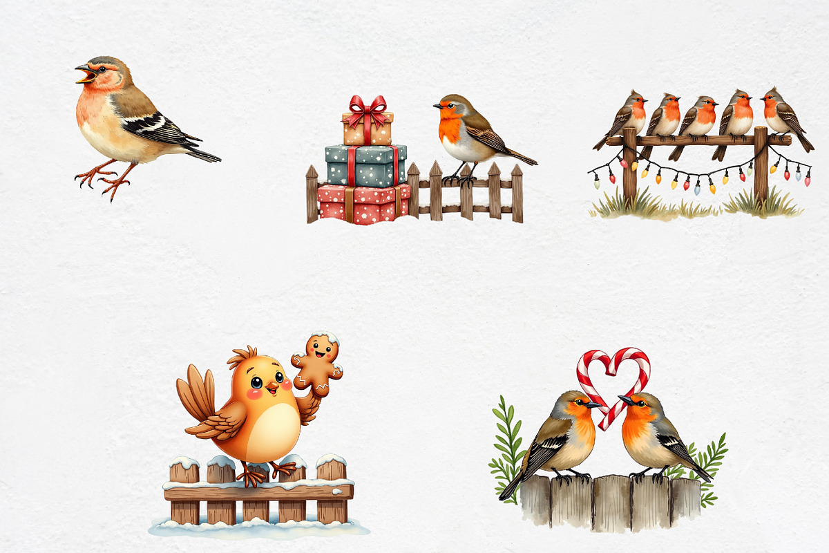 Watercolor Christmas Bird on Fence C, an Illustration by CrexoraLab (Photo 4 of 5)