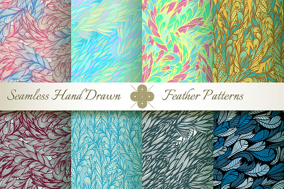 Flying Feathers. 8 Seamless Patterns
