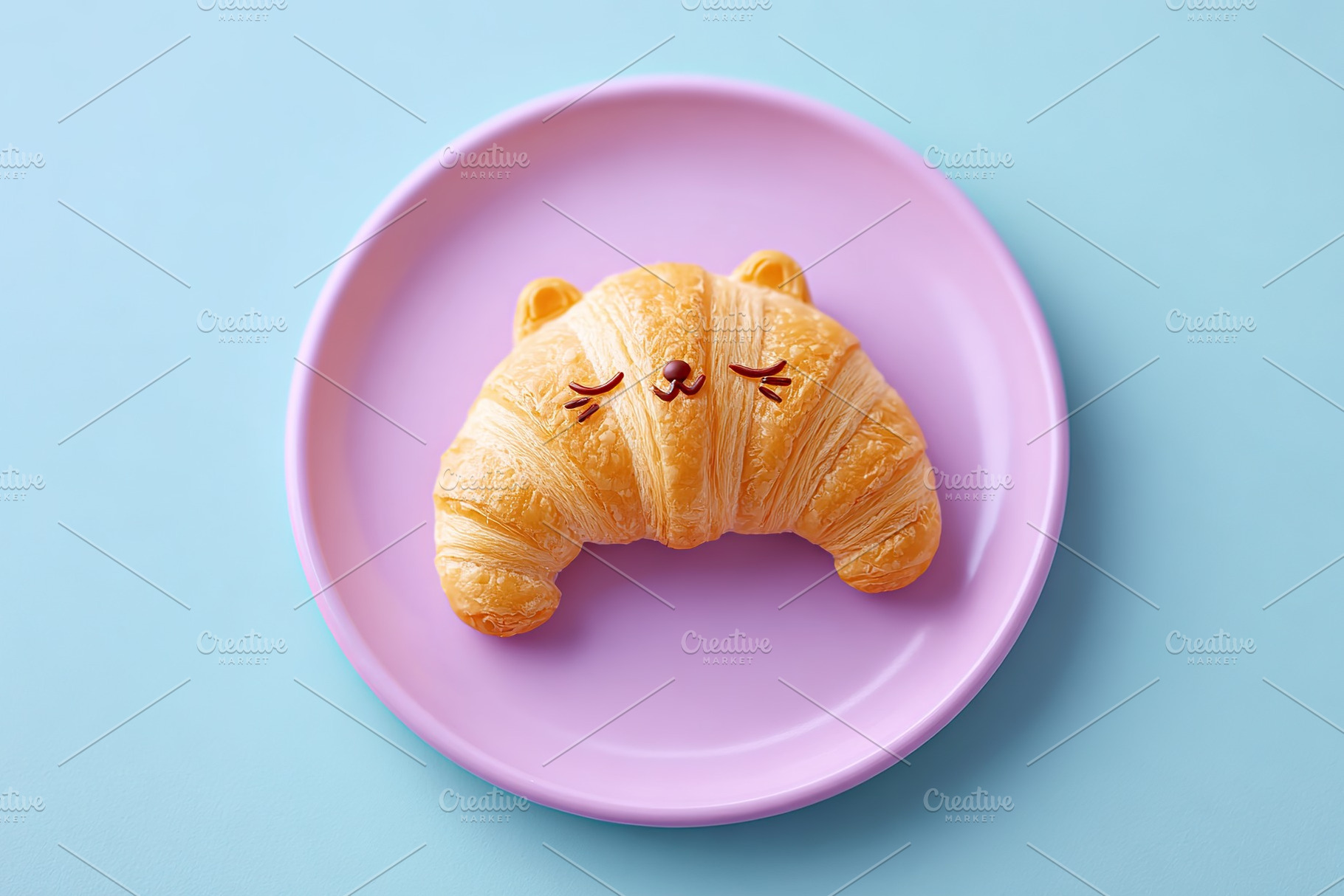 Croissant shaped like a sleeping cat resting on a pastel plate, a Food & Drink Photo by AlyaAnd