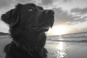 Black dog stands by the shore at sun, a Photo by Tanuart
