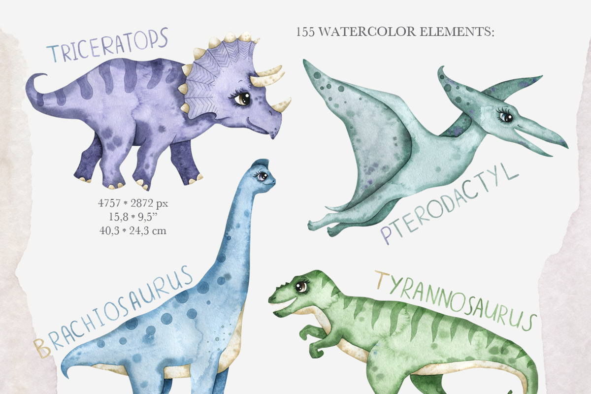 Watercolor cute dinosaurs set, an Animal Illustration by OrangePeafowlArt (Photo 2 of 11)