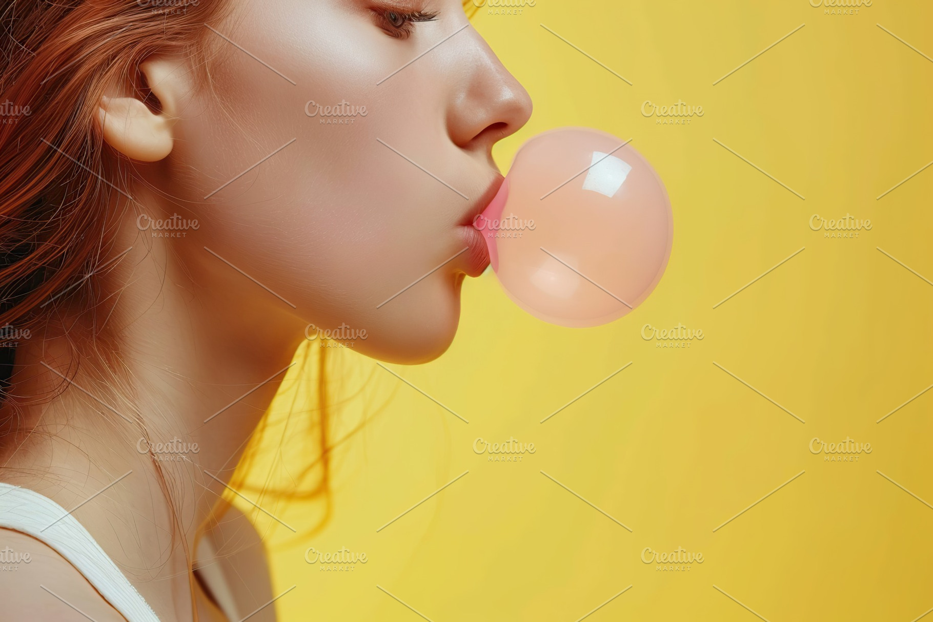 Young woman blowing up pink bubble with chewing gum on yellow background, a Person Photo by AlyaAnd