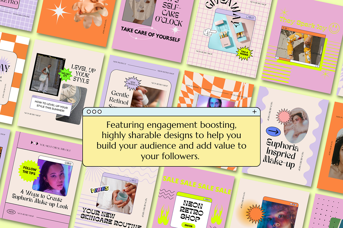 Neon Retro Canva Instagram Puzzle, a Social Media Template by Guavamelo Studio (Photo 2 of 16)
