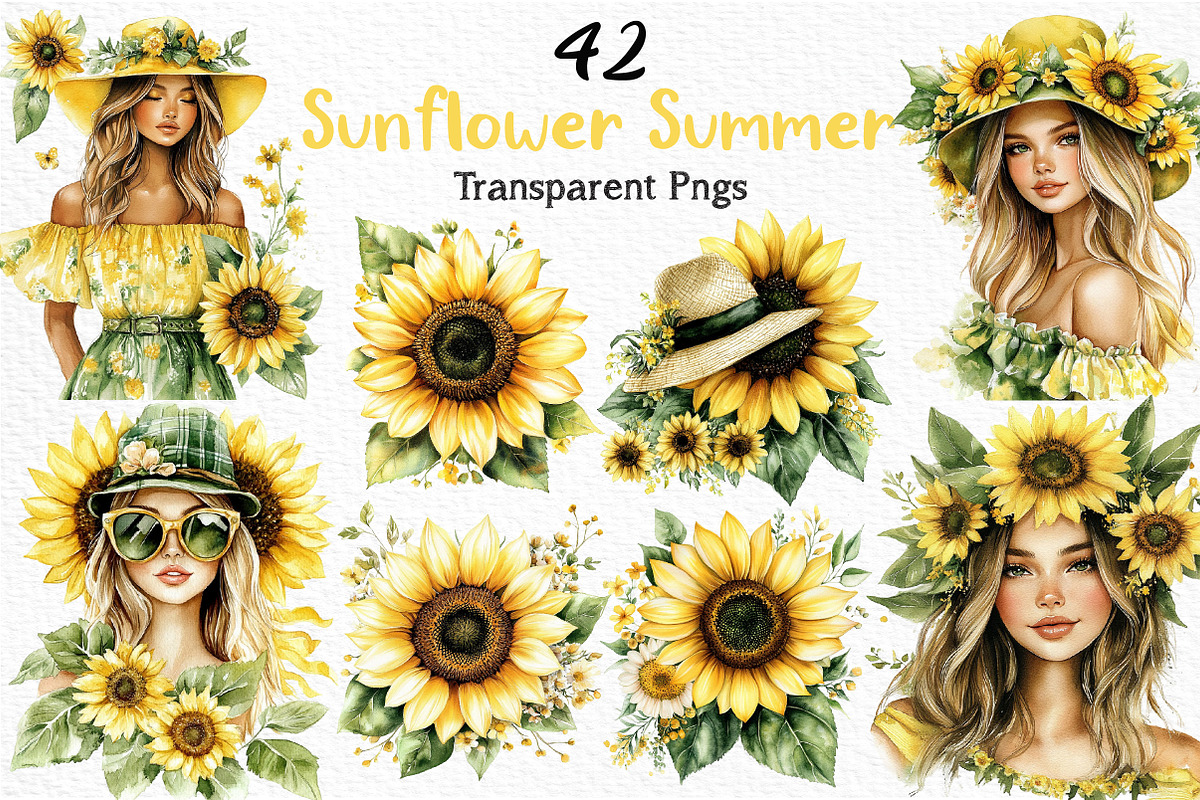 Watercolor Sunflower Summer Clipart, an Illustration by Craft Nest (Photo 1 of 12)