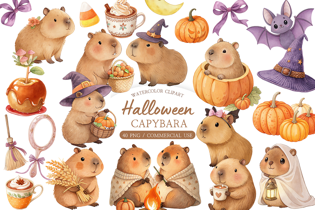 Halloween Capybara Clipart, an Animal Illustration by MockupWizard (Photo 1 of 5)