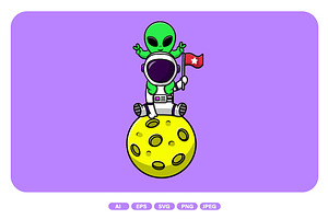 Cute Astronaut With Alien On Moon