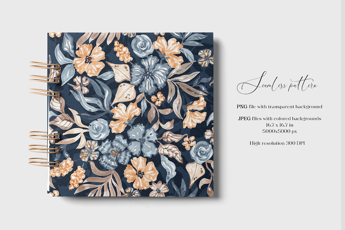 Navy Watercolor Floral Pattern, a Pattern Graphic by SirenaArt (Photo 2 of 12)