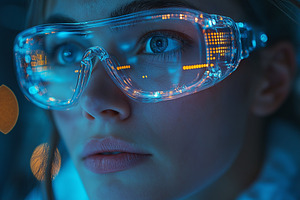 A young Caucasian woman gazes intently, wearing illuminated futuristic goggles,, a Person Photo by ImageMir