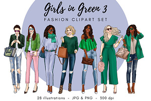 Girls In Green 3 Fashion Clipart Set