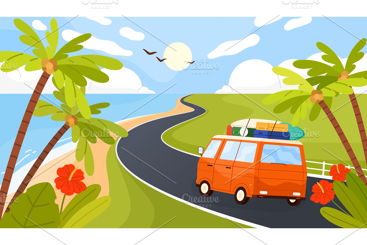 Summer Road Trip Van by Ocean Coast, a Transportation Illustration by Flashvector