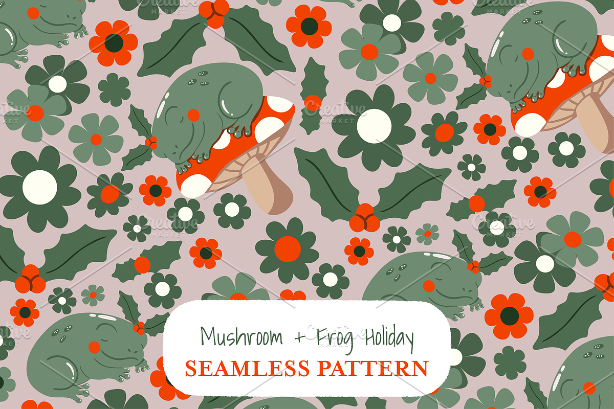 Mushroom & Frog Seamless Pattern, a Pattern Graphic by Little Creative Scribbles (Photo 1 of 6)