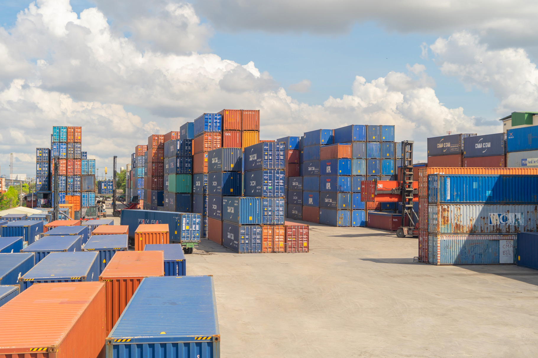 Shipping container site loading by crane in logistic port wareho, an ...