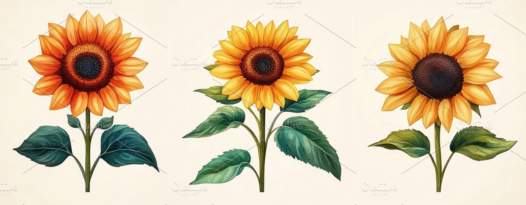 Three bright sunflowers with green leaves illustrated in a botan, a Nature Photo by José Manuel Gelpi
