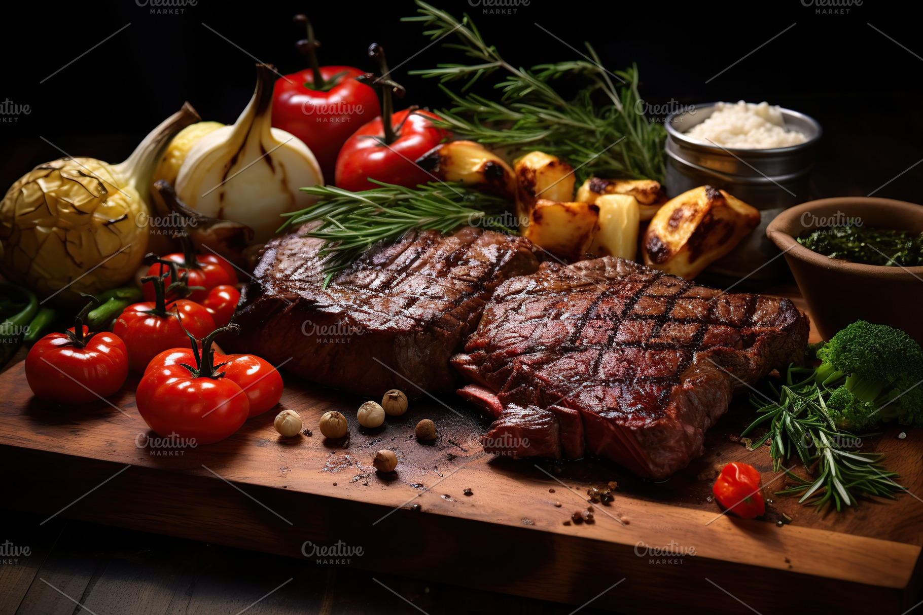 BBQ marinated meat with vegetables on wooden table, a Food & Drink Photo by AlyaAnd